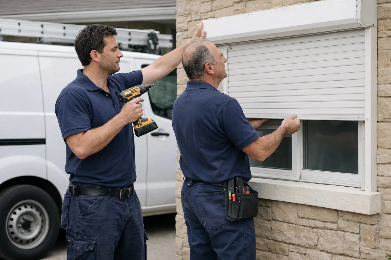 Persianistas reparando persiana enrollable en fachada de vivienda